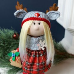 Handmade Christmas rag doll with long hair