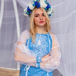 Vyshyvanka blue blouse with transparent sleeves