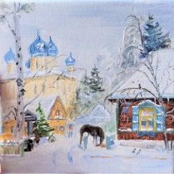 Handmade oil painting Winter in the countryside