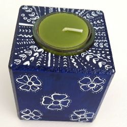 Wooden Candle Holder Cube with a Blueprint Pattern